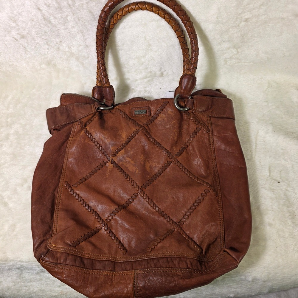Spikes & Sparrow Tote Bag Purse Brown Leather Woven Braided Zip Top Satchel